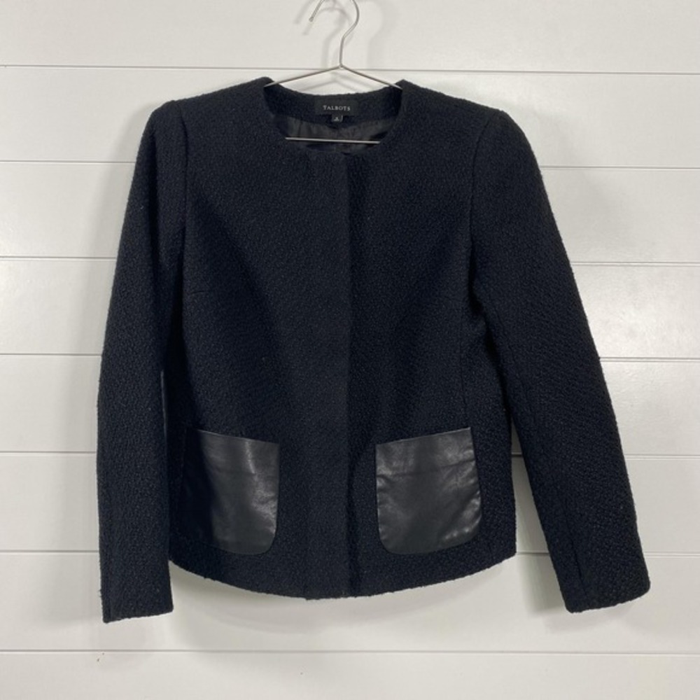 Talbots Jacket Womens 8 Black Textured Wool Blend‎ Faux Leather Pockets Lined